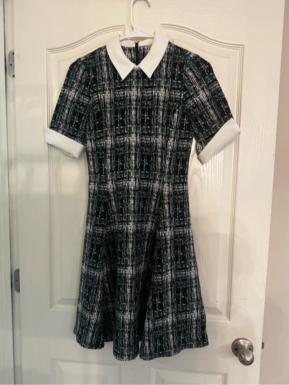 DKNY Black & White Emerald Tweed Fit-and-Flare Dress with Contrast Collar